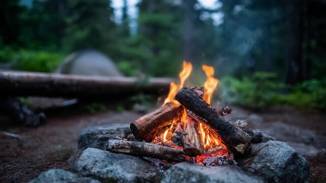 Cozy campfire burning in a serene forest with a tent in the background.