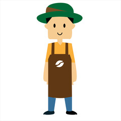Cartoon illustration of a friendly barista wearing a green hat and brown apron with a coffee bean symbol.