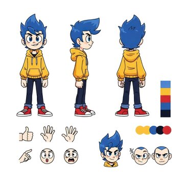 Anime Character Design Sheet with Multiple Poses, Expressions, and Color Palette.