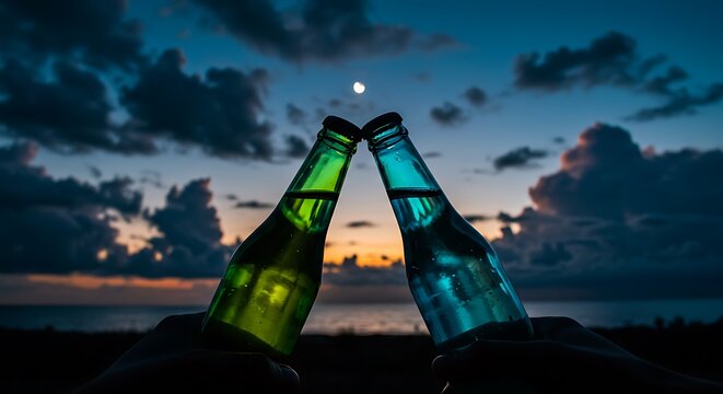 Two Silhouetted Beer Bottles Toasting at Twilight