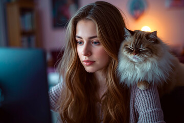 Young woman with long, flowing hair gazes earnestly at her computer screen, Siberian cat resting contentedly on her shoulder