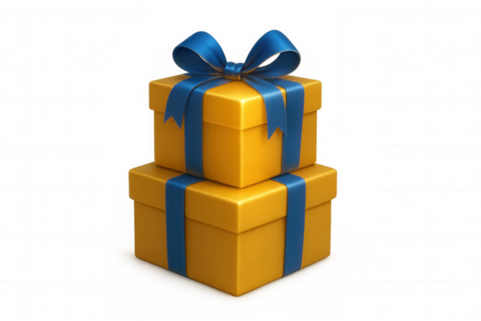 Stacked yellow gift boxes wrapped with blue ribbons, bringing joy and celebration, on transparent background