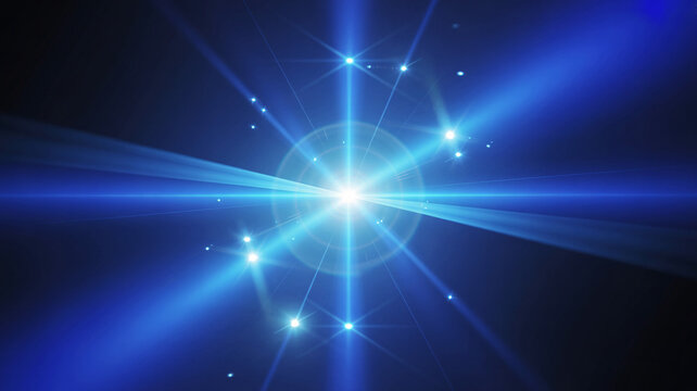 Bright blue starburst with light flares and bokeh effect on a dark background, abstract science and technology concept