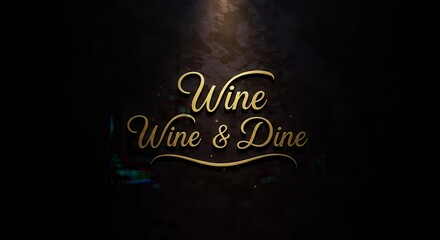 Elegant golden script typography displays "Wine Wine & Dine" against a dark, textured backdrop, exuding sophistication and warmth, ideal for event promotion, celebrating culinary experiences, and...