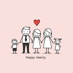 Smiling Stick Figure Family Illustration with Red Heart