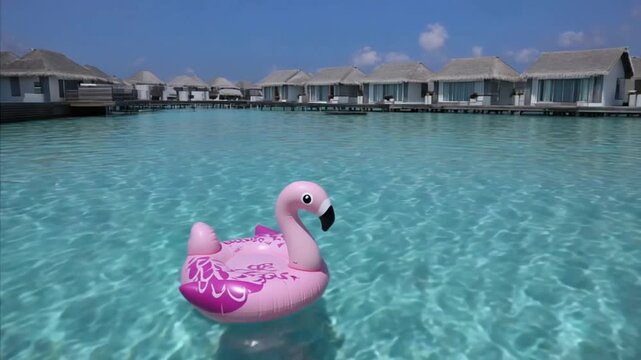 Pink flamingo float drifts serenely on crystal clear turquoise ocean water.