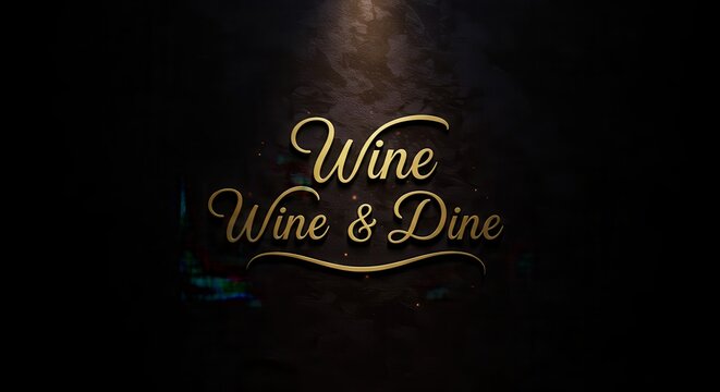 Elegant golden script typography displays "Wine Wine & Dine" against a dark, textured backdrop, exuding sophistication and warmth, ideal for event promotion, celebrating culinary experiences, and...
