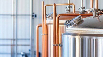 Architectural shot of modern brewery equipment with copper pipes gleaming under professional lighting, negative space on left for branding