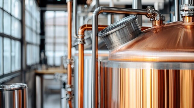 Architectural shot of modern brewery equipment with copper pipes gleaming under professional lighting, negative space on left for branding