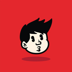 Cartoon boy face with messy spiky hair and neutral expression. Bold outline, flat vector style on red background. Perfect for mascot, avatar, sticker, and branding. EPS vector file