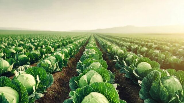 Expansive Field of Vibrant Green Cabbages Bathed in Golden Sunrise Light.