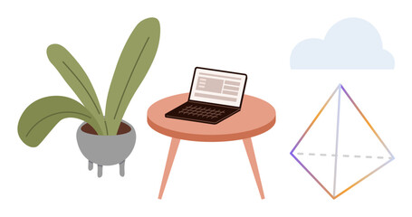 Laptop on a wooden table, next to a potted plant, adjacent to a geometric shape and cloud. Ideal for creativity, productivity, minimalism, innovation, design, work-life balance simple flat metaphor