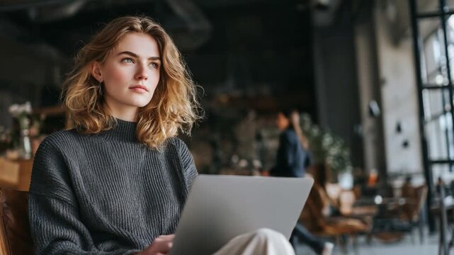 Contemplative Entrepreneur at Work: A thoughtful businesswoman with a laptop pauses in a cozy setting, reflecting on ideas in a bright atmosphere