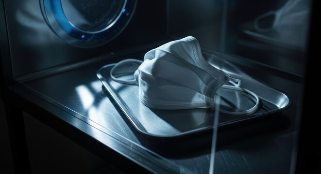 Protective face mask on a surgical tray, symbolic of safety and hygiene in healthcare settings and - Powered by Adobe