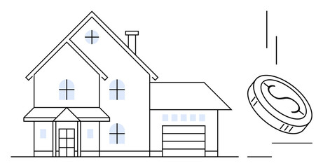 Residential home design with simple lines and falling coin illustration symbolizing investment, saving, and property finance. Ideal for real estate, savings, investment, home loans, mortgages