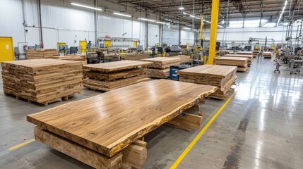 Aerial view of lumber processing facility with stacked plywood sheets, natural wood tones under fluorescent lights, asymmetrical copy space at bottom left,