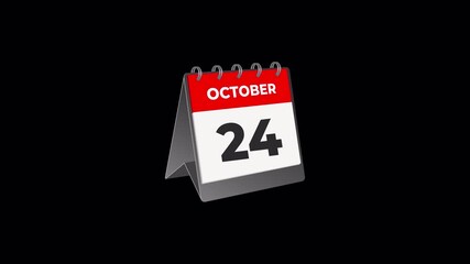 October 24 Desk Calendar Page Flip Animation and Torn, Transparent Background
