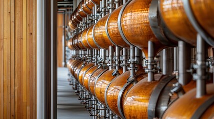 Obraz premium Symmetrical composition of distillery copper stills, warm amber tones from aging barrels, 40% vertical copy space on left,