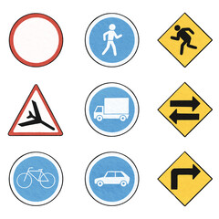 A set of isolated watercolor illustrations of road signs. Hand drawn in a flat style with outlines.
