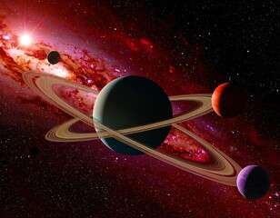 Ringed exoplanet system with a red galaxy