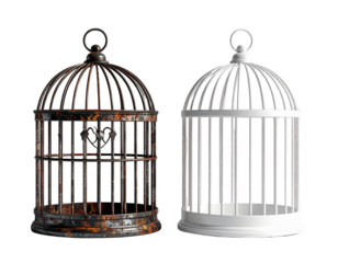 Vintage Metal Bird Cage and Modern Minimal Bird Cage, isolated on transparent background