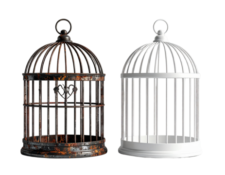 Vintage Metal Bird Cage and Modern Minimal Bird Cage, isolated on transparent background