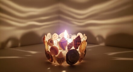 Candle glowing inside seashell lantern casting wavy shadows on wall