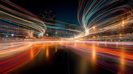 Night cityscape with abstract energy light trails creating motion and futuristic ambience. - Powered by Adobe