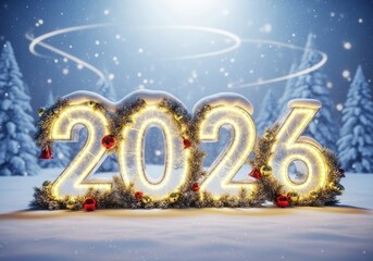 The year 2026 decorated with christmas lights and ornaments, covered in snow amidst a winter forest