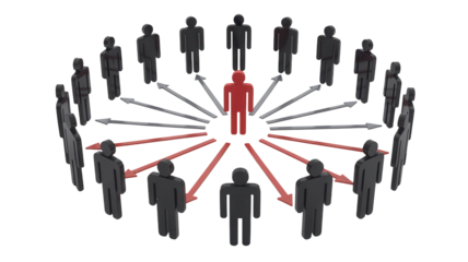 Centralized leadership concept with a red figure at the core and a network of grey figures connected by arrows