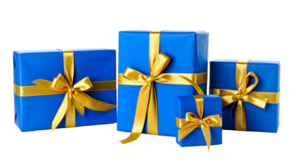 Blue gift boxes with gold ribbons isolated on transparent background