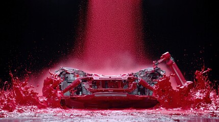 High-speed capture of paint robots spraying car chassis, vibrant red mist suspended in air, dark background with 40% right-side text area,
