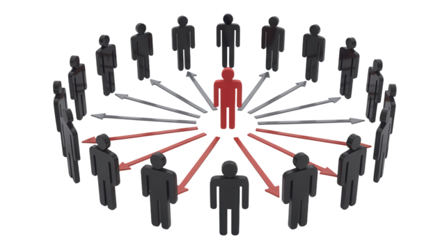 Centralized leadership concept with a red figure at the core and a network of grey figures connected by arrows