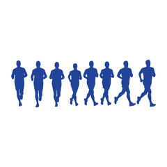 Blue silhouettes of people running and jogging in a sequence of motion.