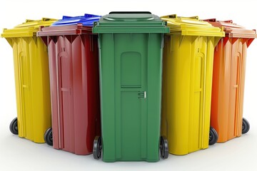 A vibrant arrangement of colored waste bins, showcasing an organized approach to recycling and waste management.
