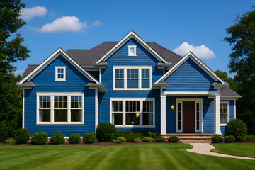 Blue House with White Trim and Gray Roof in Suburban Neighborhood