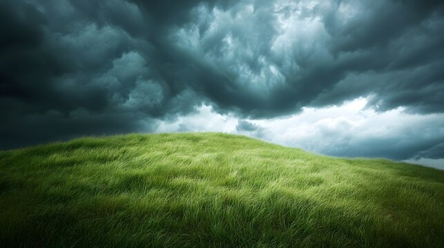 Dramatic storm clouds over green grass hill, dark moody sky above rolling meadow landscape, cinematic weather phenomenon with heavy grey clouds and lush field