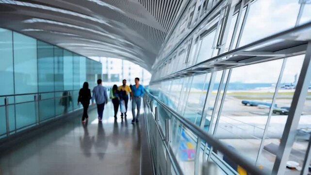 Travelers walking through a modern airport skybridge with views of the tarmac.