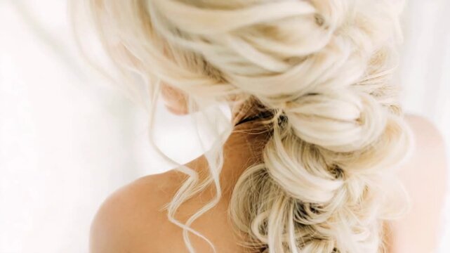 Elegant blonde braided hairstyle with loose curls framing delicate shoulders.