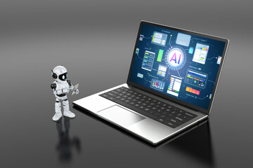 Ai technology with assistant robot with hud graphic interface on laptop