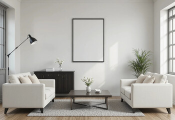 Cozy interior of living space with two white sofas, black wooden cabinet close to flooring lamp and mock up poster frame. 3d rendering.