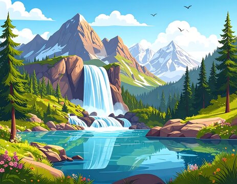 Serene mountain waterfall flowing into a clear lake