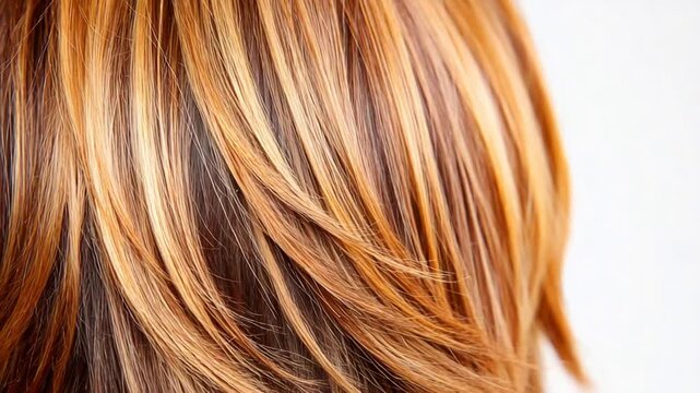 Close up of flowing auburn and blonde highlighted hair texture, soft movement.