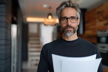 A thoughtful man in glasses holds documents, standing in a modern interior with warm lighting and a stylish staircase in the background.