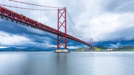 Dramatic perspective of bridge construction girders, rust-resistant coatings under stormy skies, bottom 25% clear for slogans,