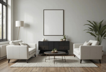 Cozy interior of living space with two white sofas, black wooden cabinet close to flooring lamp and mock up poster frame. 3d rendering.