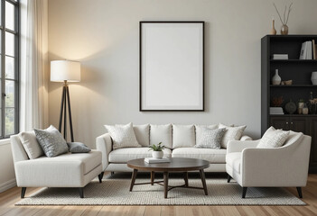 Cozy interior of living space with two white sofas, black wooden cabinet close to flooring lamp and mock up poster frame. 3d rendering.