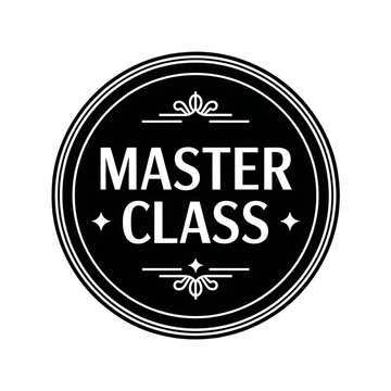 Vintage Master Class badge logo, elegant black and white circular seal, premium quality education emblem with classic flourishes and stars