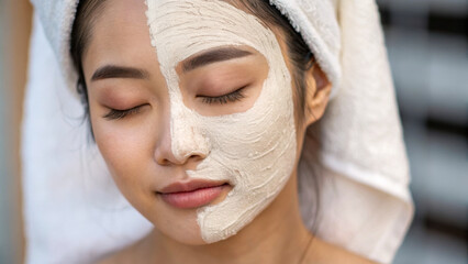 Skincare cosmetics flawless skin spa mask relaxed woman towel wrapped