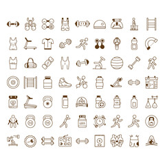 Fitness gym and sport equipment line icons set.